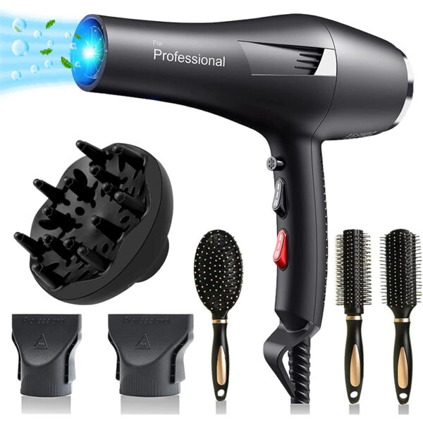 LOEVERY Ionen Föhn 2400W - Profi Haartrockner mit Diffusor, AC-Motor, Heiß-/Kaltstufe, 2 Düsen & 3 Bürsten für Salon & Zuhause
