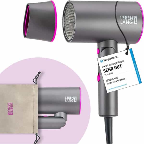 LEBENLANG Föhn Ionen 2100W - Anti-Spliss mit Kaltluft Modus Grau / Pink