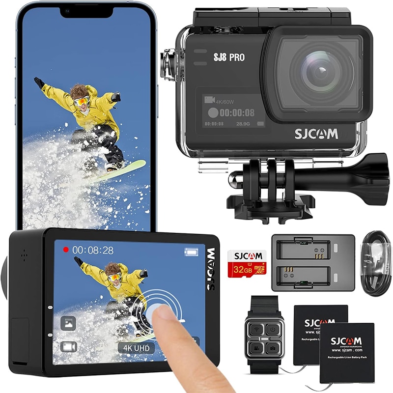 SJCAM SJ8Pro Action Cam 4K 60fps, 2.33'' Touchscreen Action Kamera 170° FOV 8X Zoom Sechs-Achsen EIS