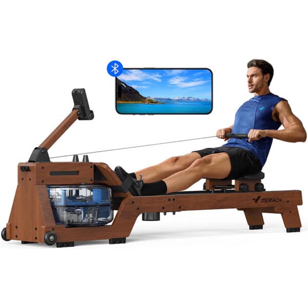 MERACH Wasser-Rudergerät aus Massivholz, Bluetooth-Monitor, Ergonomischer Sitz, 150kg Belastbar