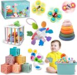 6-in-1 Montessori Baby-Spielzeug - Sensorisches Motorikset für 6-12 Monate - Stapelblöcke, Ringe, passende Eier & Saugnapf-Kreisel