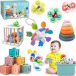 6-in-1 Montessori Baby-Spielzeug - Sensorisches Motorikset für 6-12 Monate - Stapelblöcke, Ringe, passende Eier & Saugnapf-Kreisel