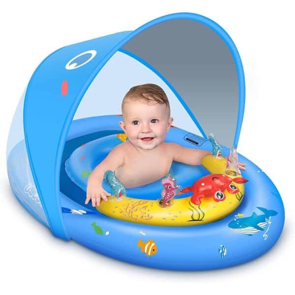 LAYCOL Schwimmring Baby mit UPF50+ Sonnenschutzdach & Spielzeug