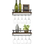 Mkono Wandmontierte Weinregale 2er Set Holz Rustikale Weinflasche Glas Schwimmregale mit Stemware Aufhänger Moderne Weindisplay Aufbewahrungshalter für Küche Esszimmer Bar braun