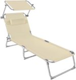 tectake® Klappbare Sonnenliege mit Dach – Verstellbare Rückenlehne, inkl. Kopfkissen – Ideal für Balkon, Terrasse, Camping, Strand
