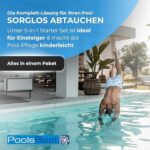 PoolsBest 5-in-1 Pool Starter Set - Komplettes Wasserpflege-Set für Einsteiger mit Mini-Multitabs, Dosierschwimmer, Pooltester, pH-Senker, Chlorgranulat & Anleitung