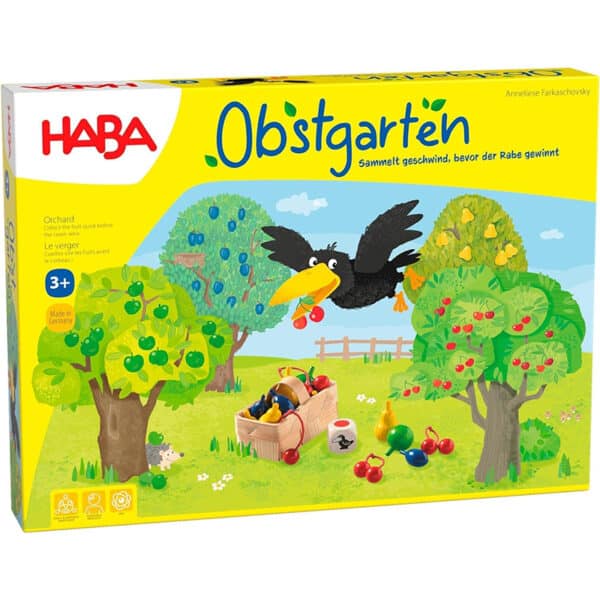 Haba 4170 - Obstgarten Spannendes Würfelspiel, mit 40 Früchten aus Holz und leicht verständlichen Spielregeln, beliebtes Brettspiel ab 3 Jahren