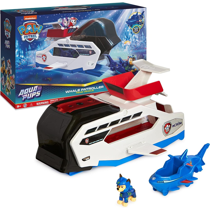 PAW 1 PAW PATROL, Aqua Pups – Whale Patroller, Teamfahrzeug mit Basis Fahrzeug von Chase und Welpenfigur, Abschussvorrichtung für Basis Fahrzeug, Spielzeug geeignet