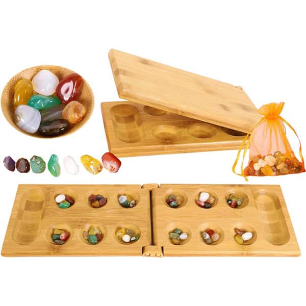 Toys of Wood Oxford Hus Spiel Mancala Brettspiel - Kalaha Spiel Erwachsene Brettspiel mit klappbarem Holzbrett und Natursteinkiesel -Familien Brettspiele-Mancala Spiele Strategisches Spiel für Kinder