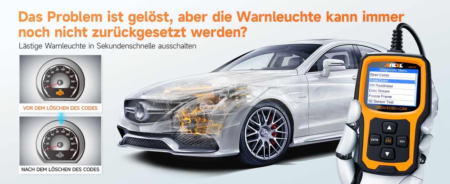 ANCEL AD410 OBD2 Diagnosegerät – Fehlerspeicher auslesen, 8 Sprachen, kompatibel mit Fahrzeugen ab 1996 (Schwarz/Gelb)
