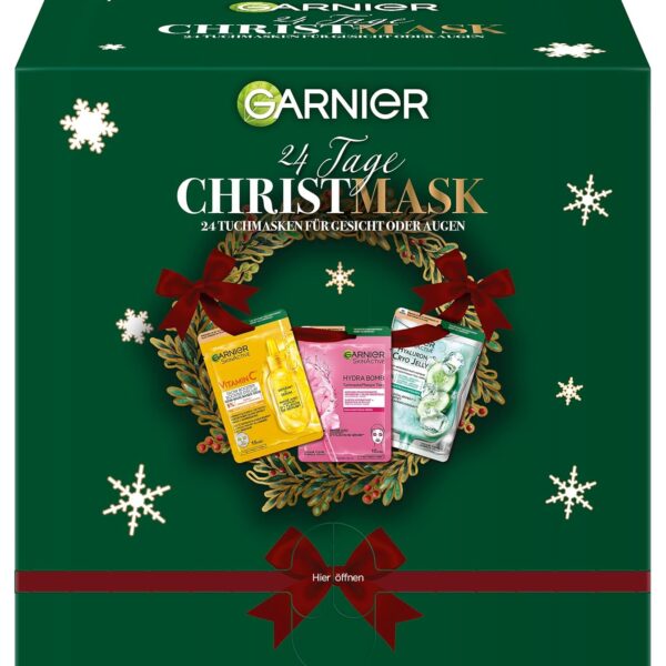 Garnier Adventskalender 2024 – Tuchmasken Set mit 12/24 Sheet-Masks für Gesichtspflege