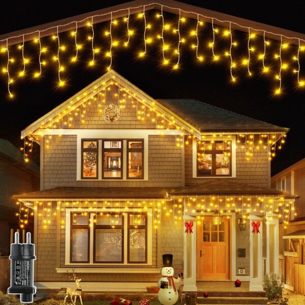 Ollny Eisregen Lichterkette aussen warmweiss, wasserdicht mit Stecker – Weihnachtsbeleuchtung für Balkon & Haus