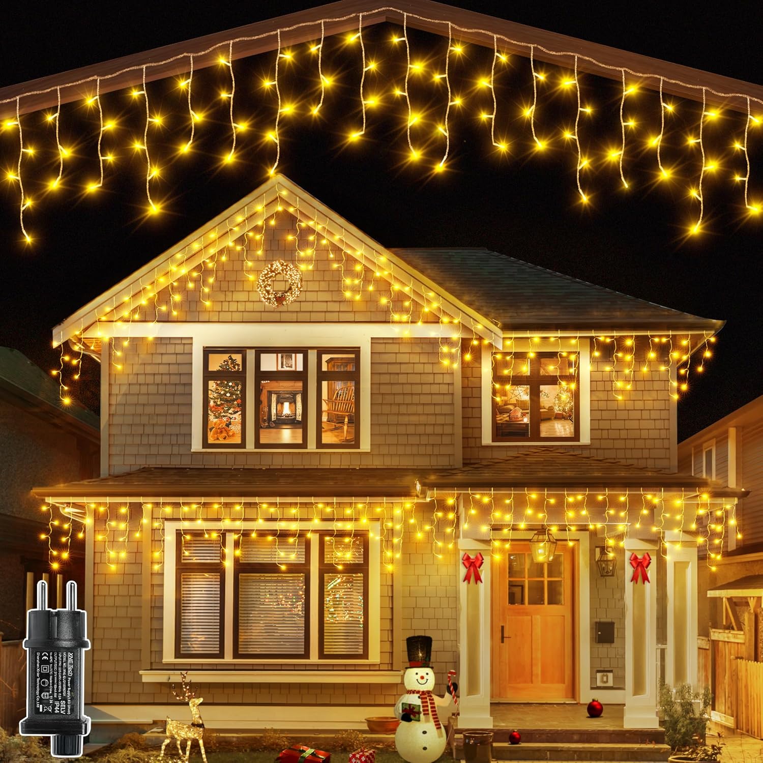 Ollny Eisregen Lichterkette aussen warmweiss, wasserdicht mit Stecker – Weihnachtsbeleuchtung für Balkon & Haus