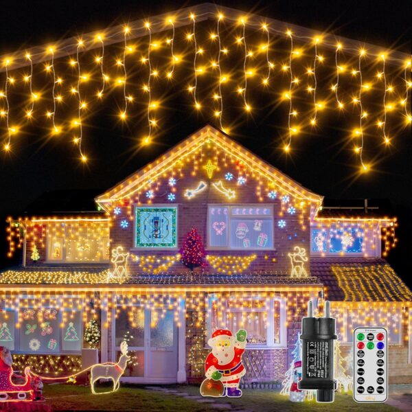 Ollny Eisregen Lichterkette Aussen 15M, 594 LED, Warmweiss oder Bunt, Wasserdicht, 8 Modi, Weihnachtsbeleuchtung für Balkon & Haus