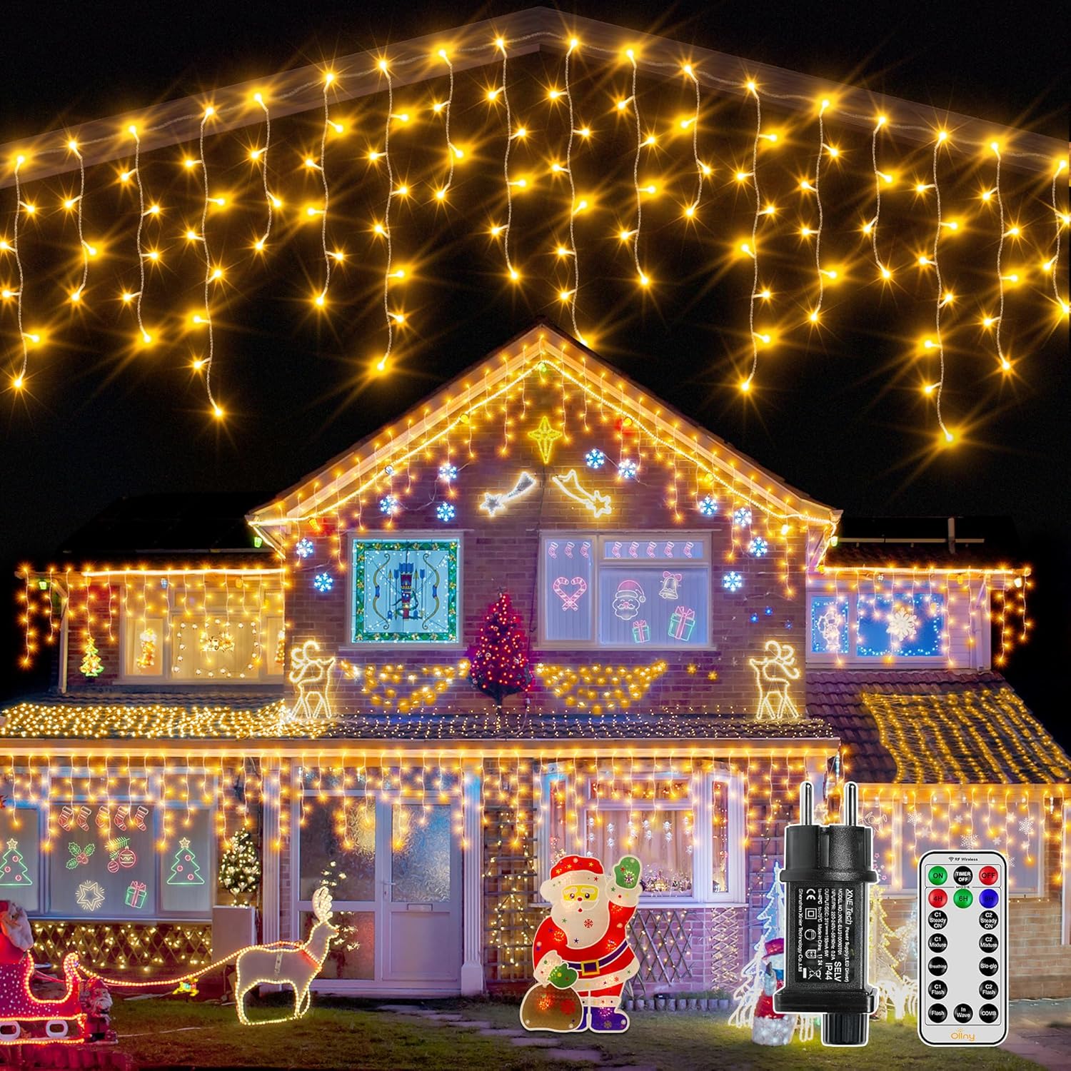 Ollny Eisregen Lichterkette Aussen 15M, 594 LED, Warmweiss oder Bunt, Wasserdicht, 8 Modi, Weihnachtsbeleuchtung für Balkon & Haus