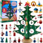 JOYIN Adventskalender 2024 - Holz-Weihnachtsbaum mit 28 Ornamenten – 24 Tage Countdown für Kinder & Erwachsene