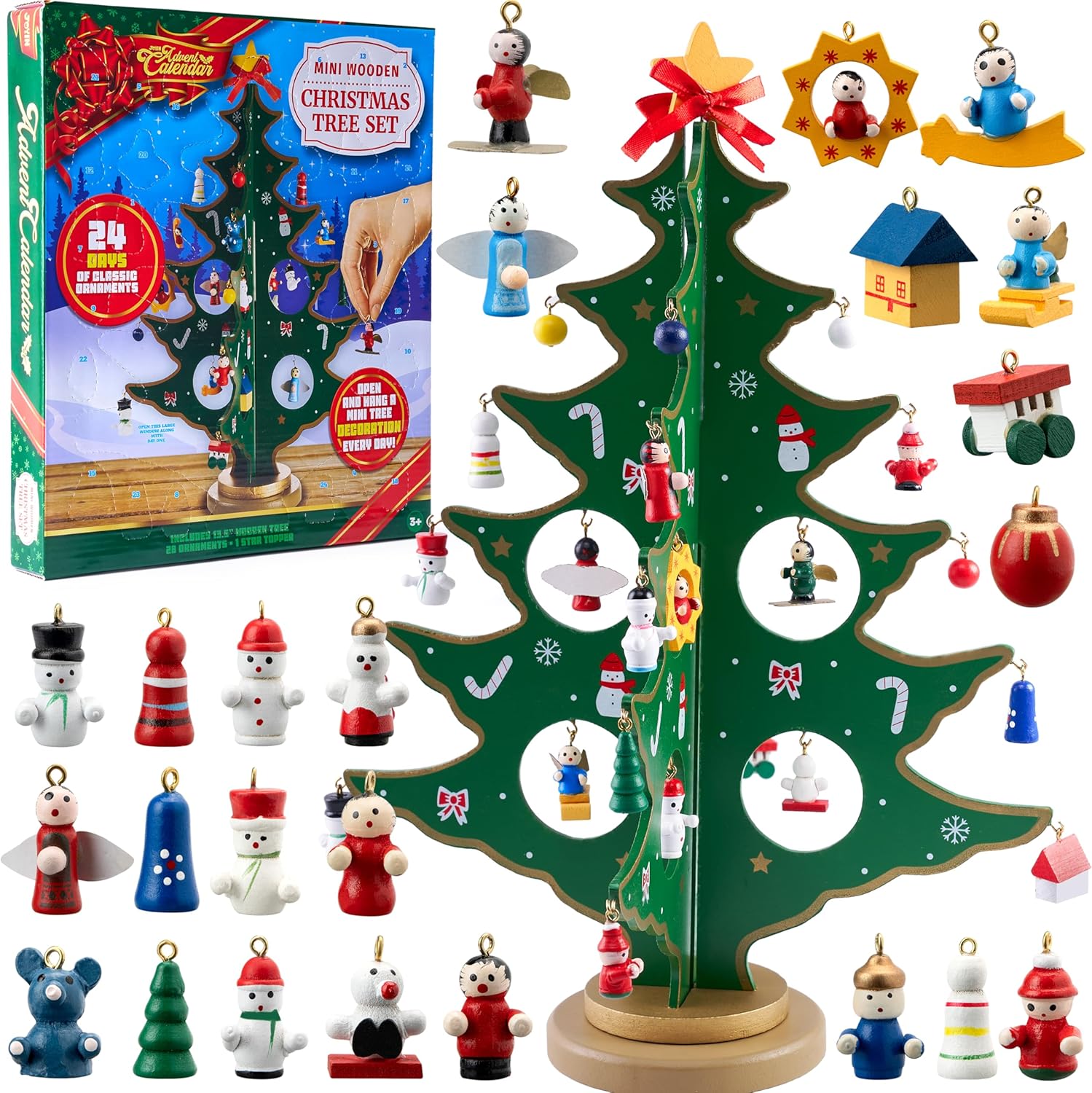 JOYIN Adventskalender 2024 - Holz-Weihnachtsbaum mit 28 Ornamenten – 24 Tage Countdown für Kinder & Erwachsene