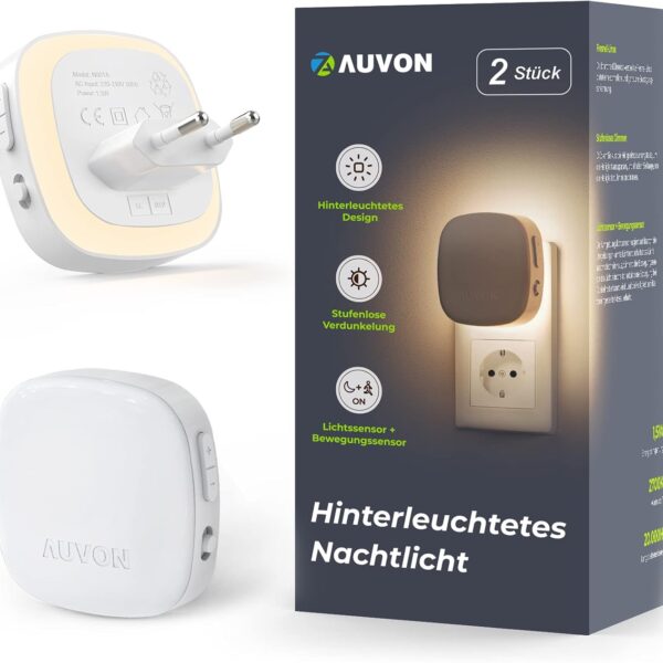 AUVON Nachtlicht mit Bewegungssensor & Dämmerungssensor, 2er Set, Einstellbare Helligkeit für Flur, Treppe, Schlafzimmer (Warmweiss/Bernstein)
