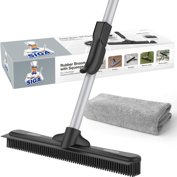 MR.SIGA Gummibesen 3-in-1 - Tierhaare entfernen, Abzieher & Bodenbürste, 155 cm Griff, inkl. Mikrofasertuch