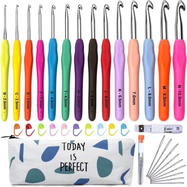 Häkelnadel-Set – 14 bunte, ergonomische Nadeln mit Softgriff & Tragetasche