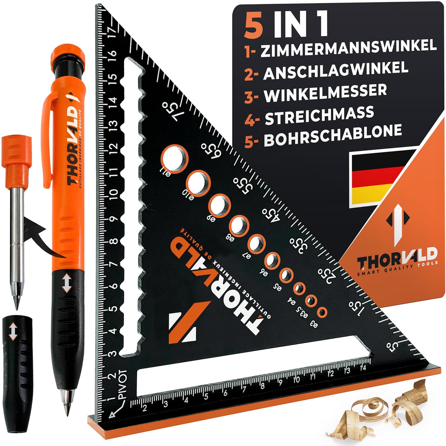 THORVALD 5-in-1 Zimmermannswinkel – Aluminiumwinkel mit Tieflochmarker, 180 mm für präzises Anreissen & Zeichnen