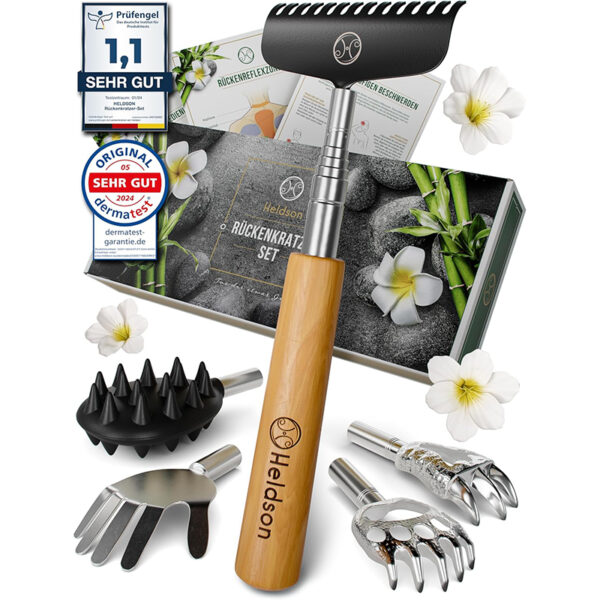 HELDSON® Rückenkratzer Holz – Stabil, ausziehbar & vielseitig [6 Kratzvarianten]