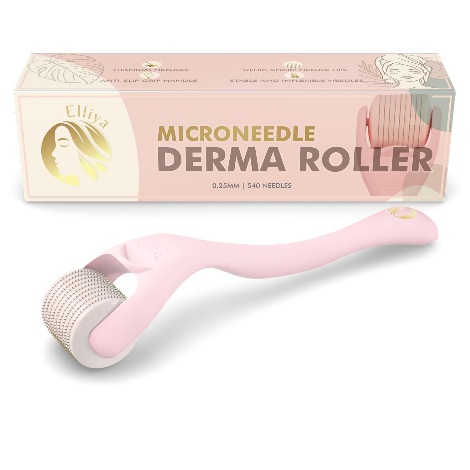61e54XZ0YEL._SL1500_.jpg Elliya Rosa Dermaroller 0,25 mm – Microneedling für glatte Haut, inkl. Etui, perfekt für Zuhause