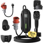 dé Mobile Wallbox/Ladestation 11kW [3-phasig|7m|6-16A] mit Einstellbarer Ladeleistung, Ladekabel CEE 16A auf Typ 2 und EV Ladegerät für Model Y/3, ID.3/4/5, MG4, EX30, e-up, e-tron, Zoe und andere EV