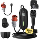 dé Mobile Wallbox/Ladestation 11kW [3-phasig|7m|6-16A] mit Einstellbarer Ladeleistung, Ladekabel CEE 16A auf Typ 2 und EV Ladegerät für Model Y/3, ID.3/4/5, MG4, EX30, e-up, e-tron, Zoe und andere EV