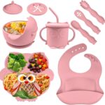 Bwaliffury 9-teiliges Silikon-Geschirrset – Rutschfestes Babygeschirr mit Saugnapf, Lätzchen & Löffel