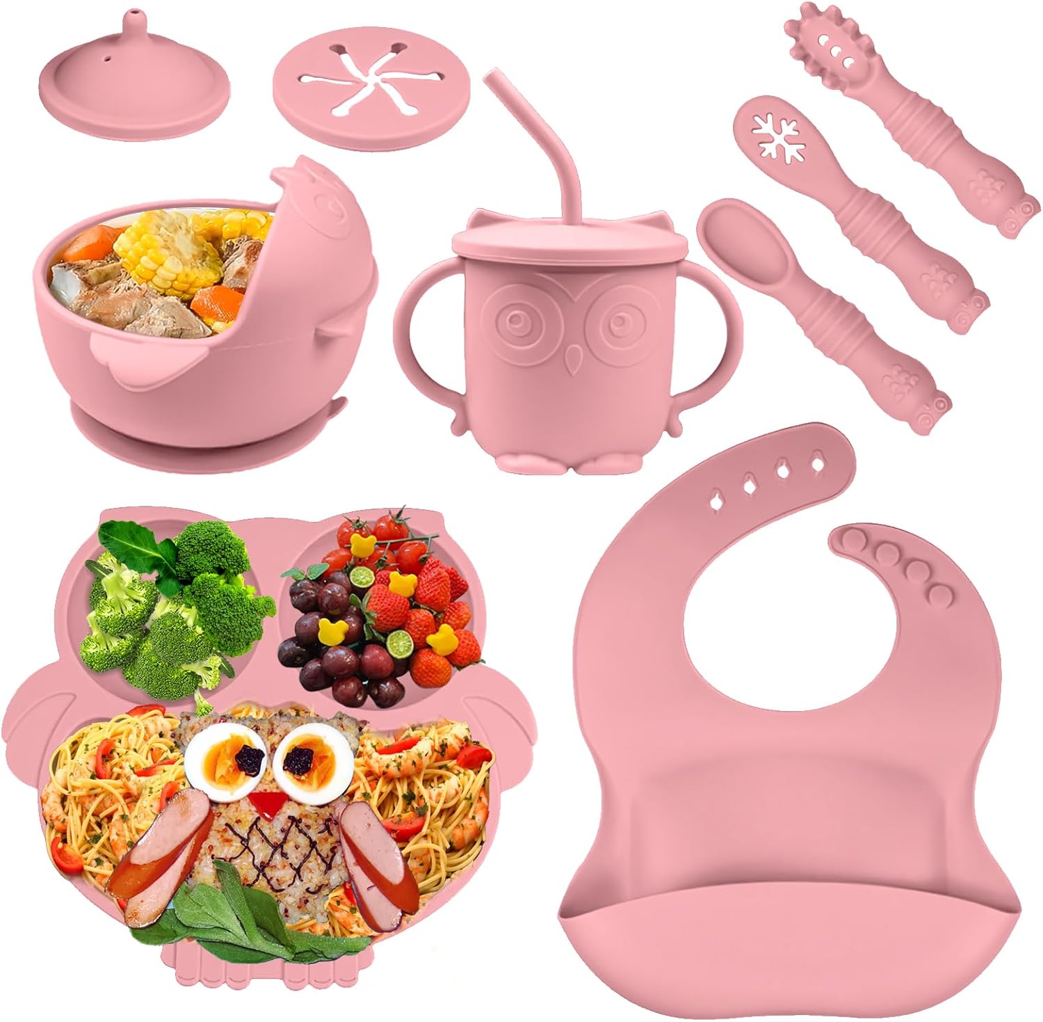 71EN9E7PZpL._AC_SL1500_.jpg Bwaliffury 9-teiliges Silikon-Geschirrset – Rutschfestes Babygeschirr mit Saugnapf, Lätzchen & Löffel