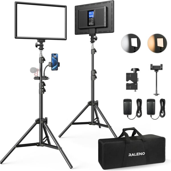 RALENO LED Videoleuchte 2er-Set, 384 LEDs, 8000mAh Akku, 180cm Stativ, Dimmbar 3200-5600K, CRI95 für YouTube & TikTok