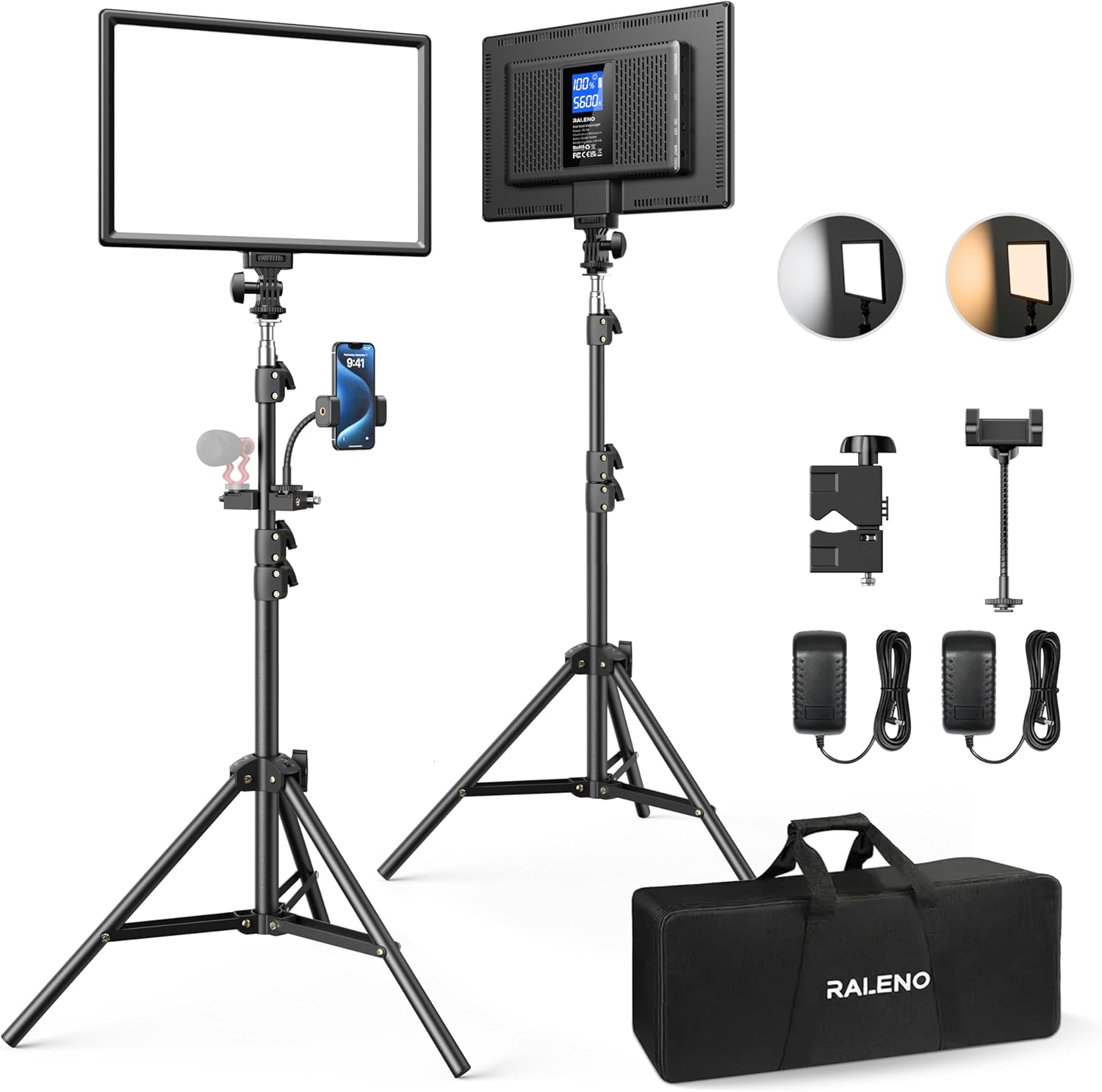 71utiXr0UJL._AC_SL1500_.jpg RALENO LED Videoleuchte 2er-Set, 384 LEDs, 8000mAh Akku, 180cm Stativ, Dimmbar 3200-5600K, CRI95 für YouTube & TikTok