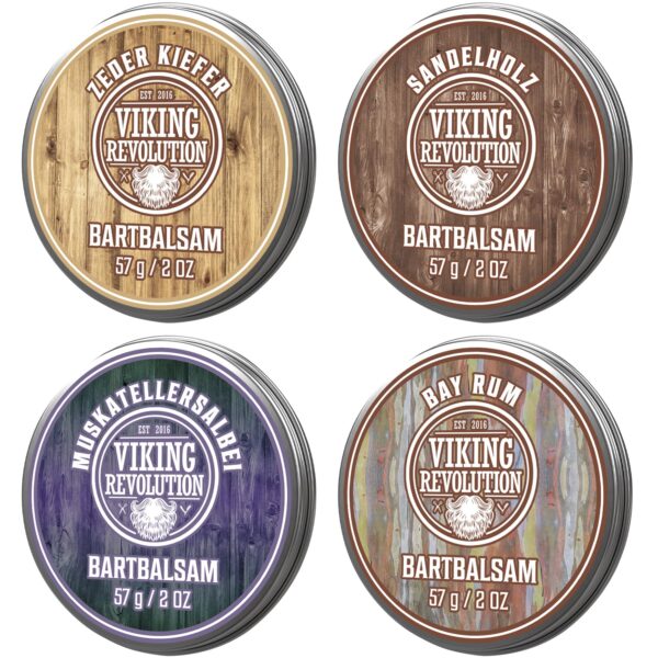 Viking Revolution Bartbalsam 4er Set – Stylt, Stärkt & Macht Weich – Sandelholz, Zeder, Bay Rum & Muskatellersalbei – 4x28g, Perfekt als Geschenk