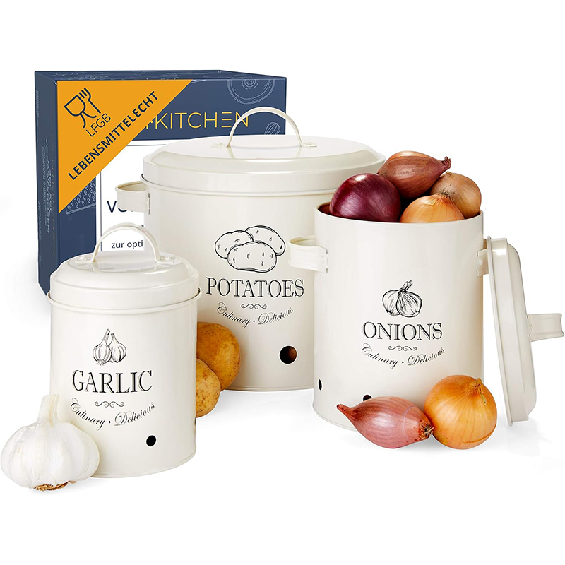 Vorratsbehälter2 HIKITCHEN® Vorratsbehälter-Set – Stilvolle Boxen für Kartoffeln, Zwiebeln & Knoblauch