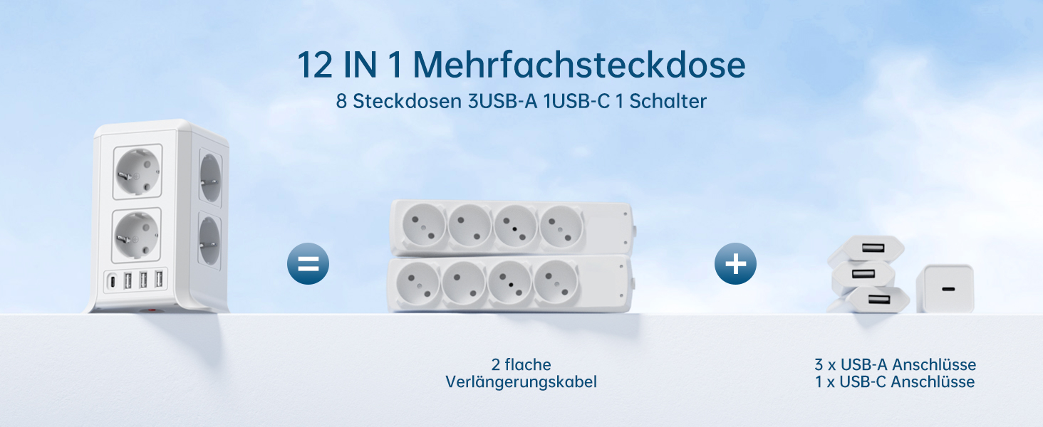 Sameriver 8-Fach Steckdosenleiste mit Schalter, 4 USB, Überspannungsschutz & 2-5M Verlängerungskabel – für Zuhause & Büro