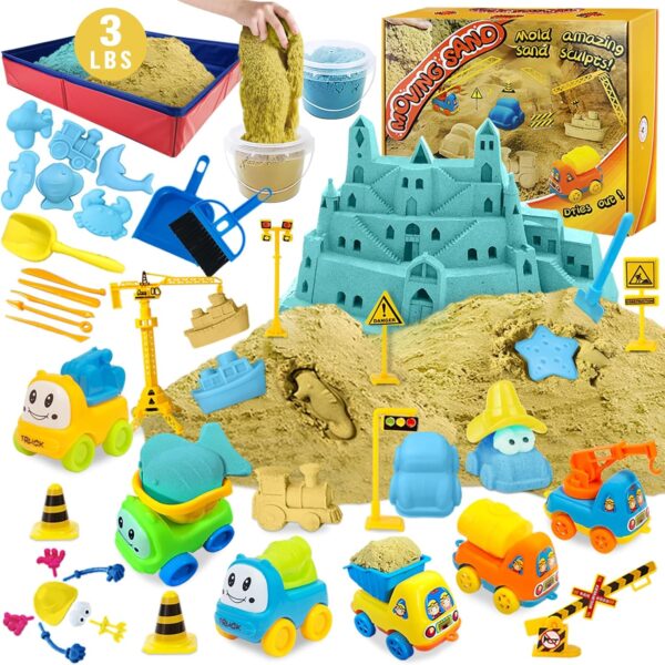 Magic Sand Kit – 1,35 kg Kinetischer Sand, 6 Mini Baufahrzeuge, Modellierwerkzeuge & Faltbarer Sandkasten für Kinder