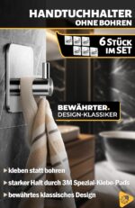 Menz Handtuchhalter ohne Bohren – 6 selbstklebende Edelstahl Haken, wasserfest für Bad & Wand