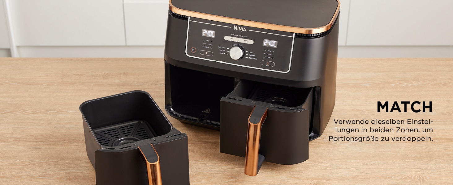 Ninja Foodi MAX Dual Zone Airfryer 9,5L – 6-in-1 Heissluftfritteuse, 2 Fächer, Antihaft, spülmaschinenfest, inkl. Zange, Kupfer/Schwarz