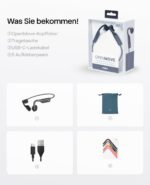 Was gehört zum Lieferumfang? OpenMove Knochenschall-Sport-Kopfhörer 5 Paar Aufkleber USB-C-Ladekabel Tragetasche