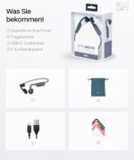 Was gehört zum Lieferumfang? OpenMove Knochenschall-Sport-Kopfhörer 5 Paar Aufkleber USB-C-Ladekabel Tragetasche