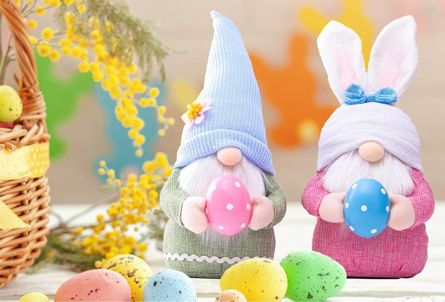 ENLACE 2er Set Ostern Wichtel – Handgemachte Plüsch Osterhasen mit Eiern für Frühlingsdeko