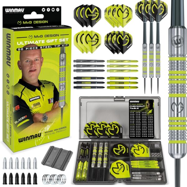 WINMAU MvG Geschenkset – 50-teiliges Dart-Set mit Schäften, Flights & Zubehör