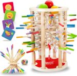 Nene Toys BALLFALL Gross – Montessori Holzspiel ab 3 Jahren mit Stäbchen, Würfel & Karten