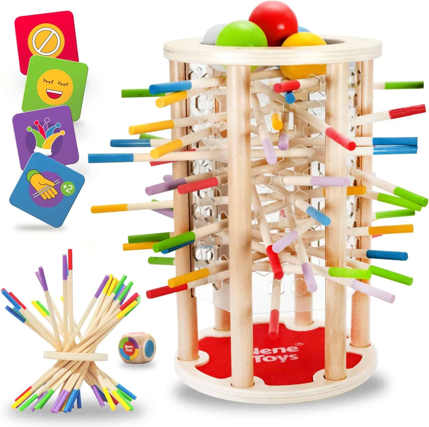 Nene Toys BALLFALL Gross – Montessori Holzspiel ab 3 Jahren mit Stäbchen, Würfel & Karten