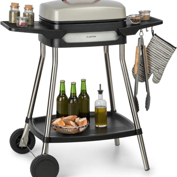 Klarstein Gatsby Elektrogrill – 2000W Tisch- & Standgrill mit Haube, Antihaftplatte & Seitentischen