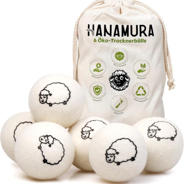 Hanamura Trocknerbälle aus Schafwolle – 6er Set, XXL, weich & umweltfreundlich, inkl. Tasche