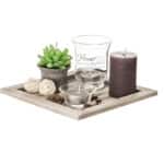 ootb Deko-Teelichtteller Set – Glas & Holz, 20×20×8 cm, Mehrfarbig