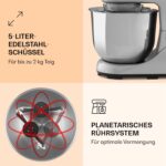 Klarstein Knetmaschine Küchenmaschine zum Backen, 1300W Teigmaschine Klein, 6 Stufen, Schneebesen Rühr- & Knethaken, 5L Schüssel, Planetenrührwerk, Rührmaschine mit Mixer, Küchenmaschinen für BrotteigRufus KI