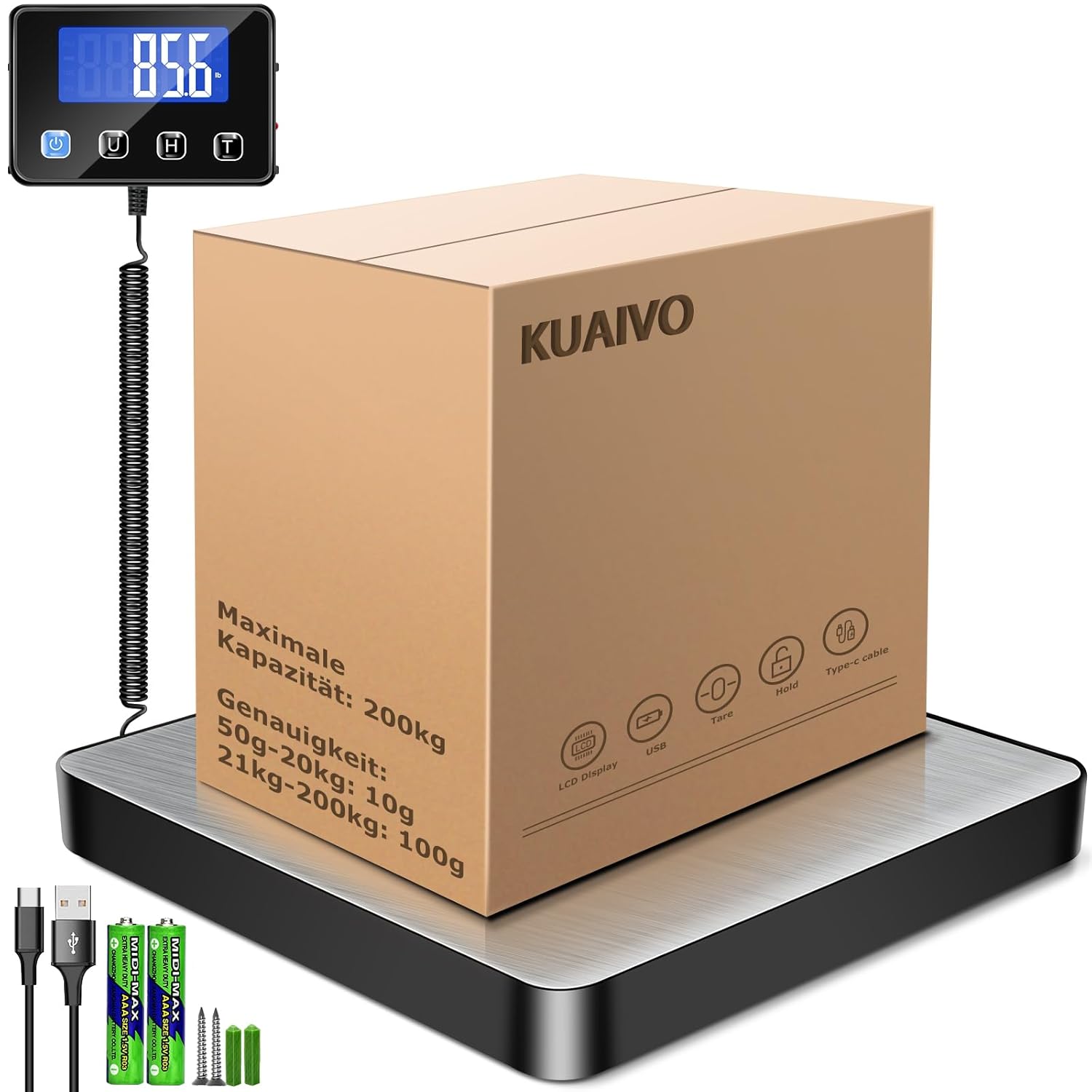 KUAIVO Paketwaage 200 kg – Präzise Plattformwaage mit LCD, Tara & Hold, aufladbar, aus Edelstahl